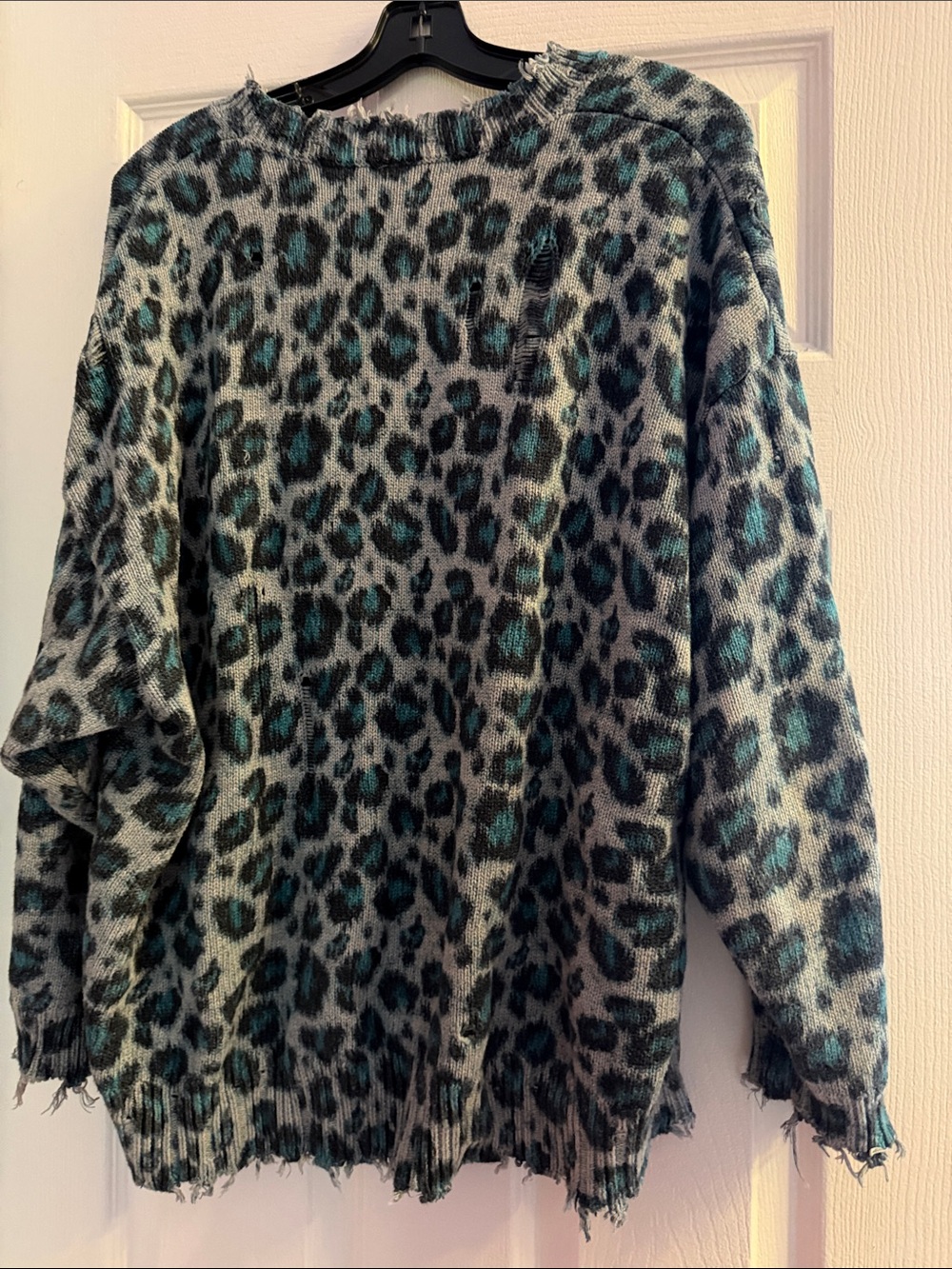 R13 Teal and Black Leopard-Print Crewneck Sweater